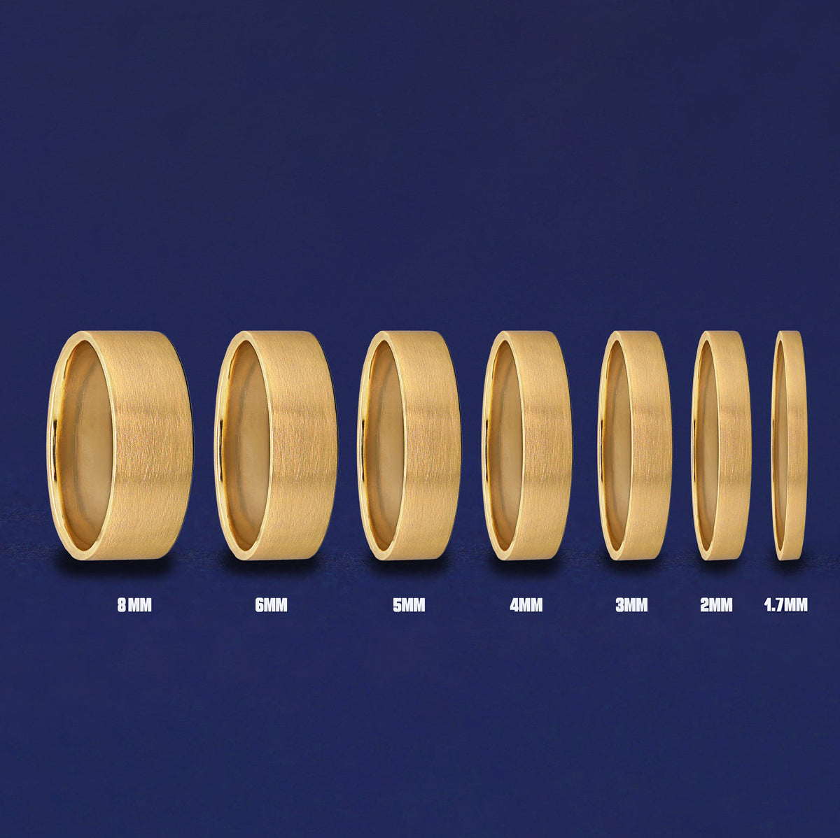Seven versions of the Industrial Matte Band showing the different thickness options of the ring from 8mm to 1.7mm