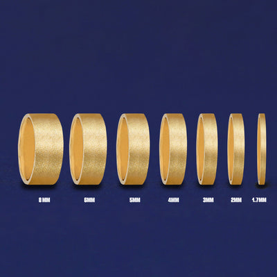 Seven versions of the Industrial Stardust Band showing the different thickness options of the ring from 8mm to 1.7mm