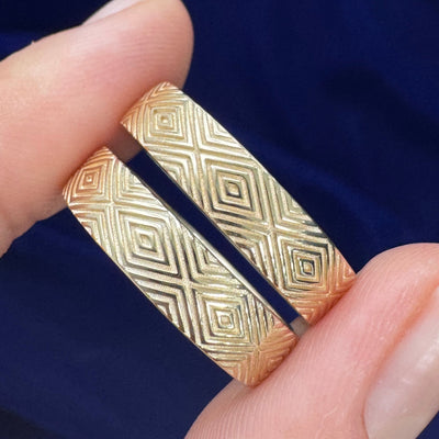 14k Yellow Gold with Copy Japanese Cufflink Pattern All-around 5mm Mix Mirror Band Custom Rings, size 8.75 and size 8.25
