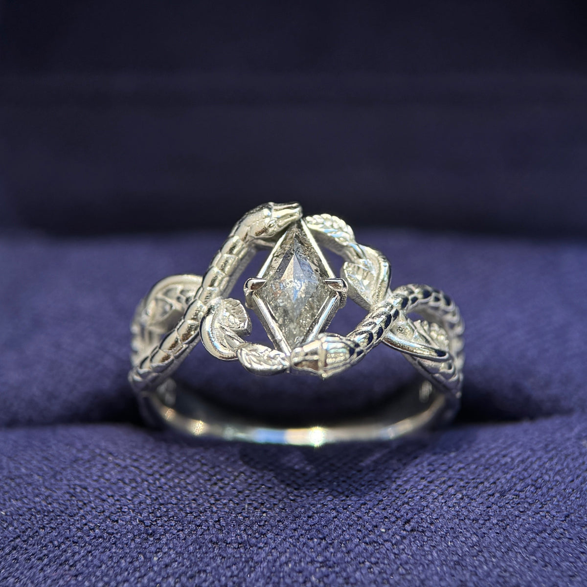 950 Platinum with 0.42ct Kite Salt and Pepper Diamond with Intertwined Snakes 4mm Band Custom Ring, size 6