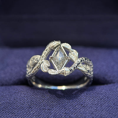 950 Platinum with 0.42ct Kite Salt and Pepper Diamond with Intertwined Snakes 4mm Band Custom Ring, size 6
