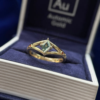 14k Yellow Gold 0.65ct Kite Blue Green Natural Sapphire with 2pcs Round Blue Sapphires on Split Branches and Blueberry Leaves Band Custom Ring, Size 7.25