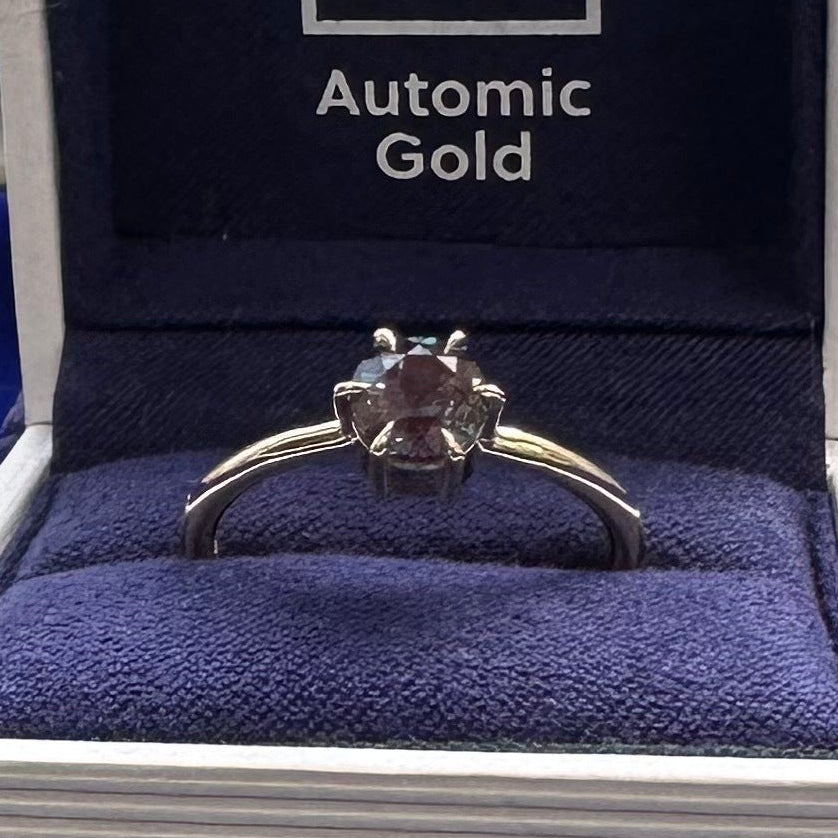 14k Yellow Gold with 6-claw-prongs Low-set 6.5mm Round Lab Alexandrite on 2mm Curvy Comfort-fit Band, size 10