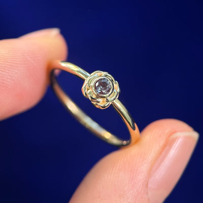 14k Yellow Gold Bezel Set Lab Alexandrite Flower on 1.7mm Band Custom Ring, Size 8