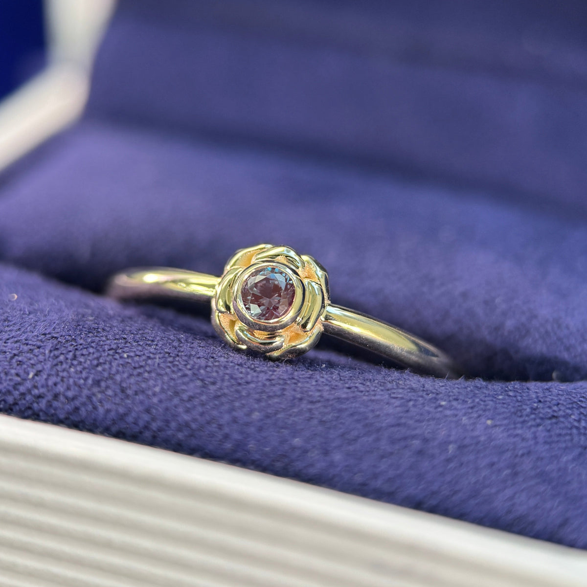 14k Yellow Gold Bezel Set Lab Alexandrite Flower on 1.7mm Band Custom Ring, Size 8