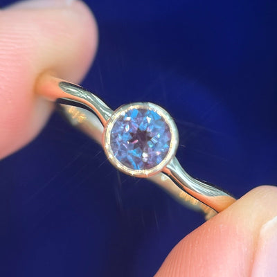 14k Yellow Gold & Bezel-set 5mm Round Lab Alexandrite Thin Liquid Wavy Band Custom Ring and 14k Yellow Gold Thin Liquid Wavy Band Custom Ring, size 5.5