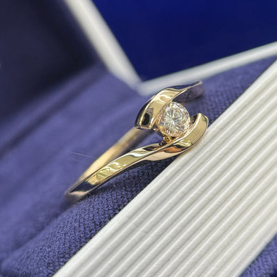14k Yellow Gold and 4mm Round Lab Diamond on Custom Bypass Thin Band Custom Ring, size 9.5