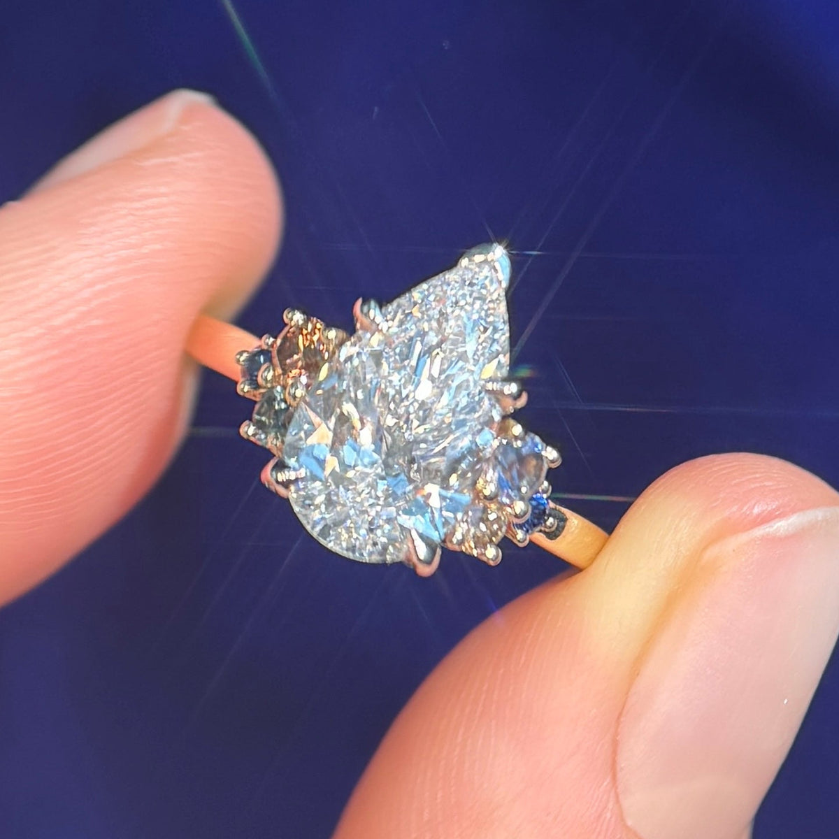 950 Platinum Prongs-high-set and 2.08ct Pear Lab Diamond with Cluster of 6 Sapphires and Diamond on 14k Yellow Gold 2.2mm Mix Mirror Band Custom Engagement Ring, size 6