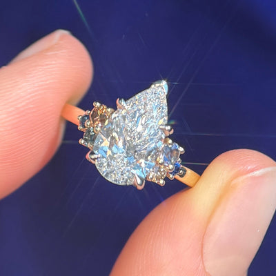 950 Platinum Prongs-high-set and 2.08ct Pear Lab Diamond with Cluster of 6 Sapphires and Diamond on 14k Yellow Gold 2.2mm Mix Mirror Band Custom Engagement Ring, size 6
