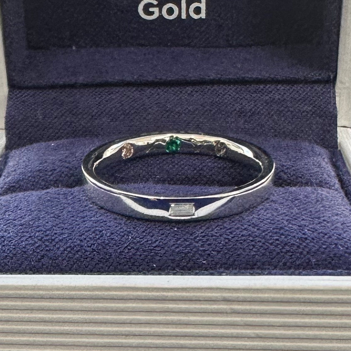 14k White Gold with Baguette Diamond with 2mm Pink Lab Diamond, Emerald, & Alexandrite Inside the Band with Custom Handwriting Engraving on Comfort-fit 2.5mm Custom Band, Size 7.25