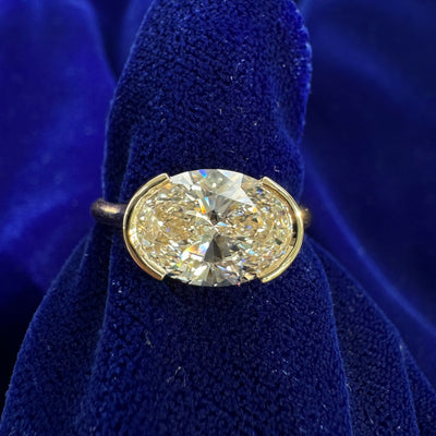 14k Yellow Gold Horizontal Raised Half Bezel Oval Lab Diamond with Engraving Inside Custom Engagement Ring