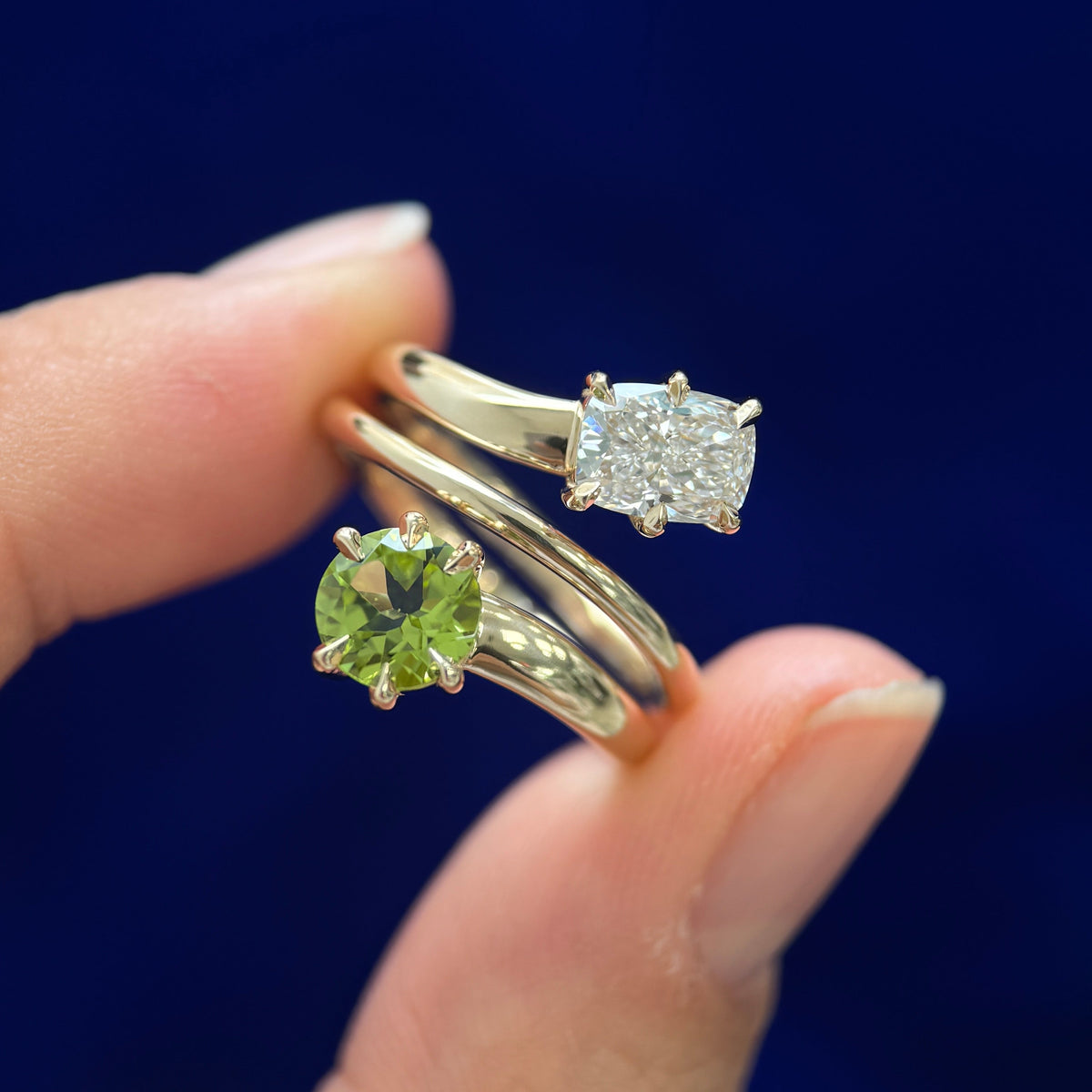 14k Yellow Gold & Low-set 1ct Emerald-cut Lab Diamond & Round Peridot Toi-et-Moi Custom Ring