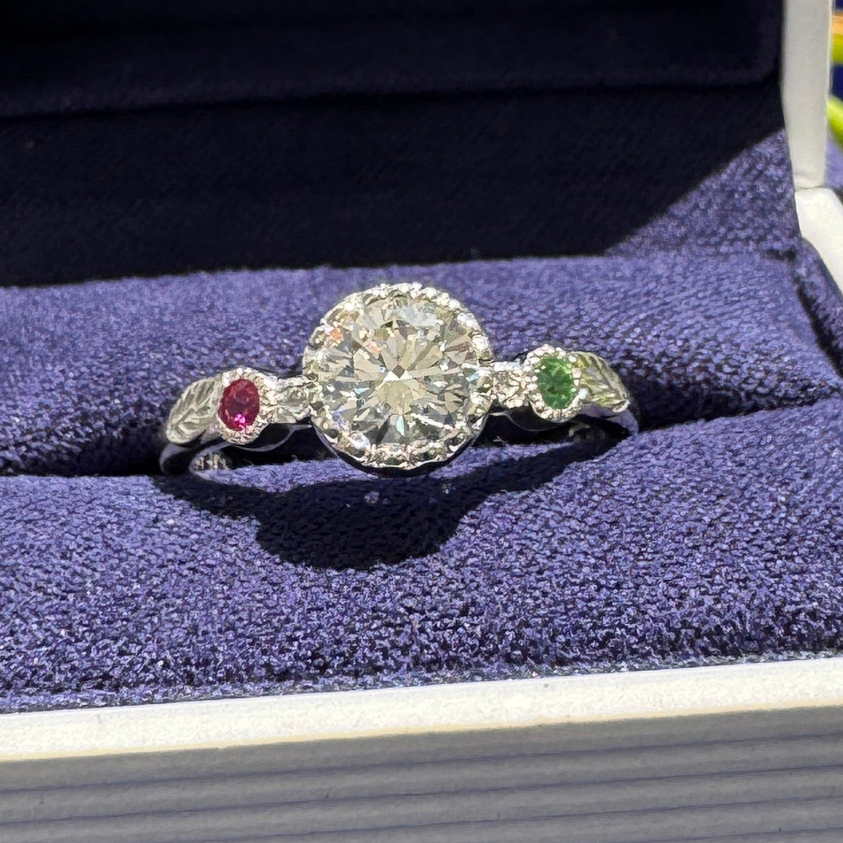 950 Platinum and Milgrain Bezel-low-set 6mm Lab Diamond and 2mm Ruby & Light Green Sapphire Custom Ring, size 6.5