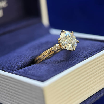 14k Yellow Gold Low-petal-set 2ct Round Lab Diamond with 2pc 3x2mm Pear Lab Diamonds on Leaf Engraved Mirror Band Custom Ring, size 6