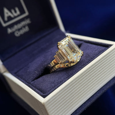 14k Yellow Gold and 5.5ct Emerald-cut Lab Diamond center with 4pc Baguette Lab Diamonds Custom Ring and Nesting Stars Diamonds Moon Sun 2.5mm Band Rings Set, size 7