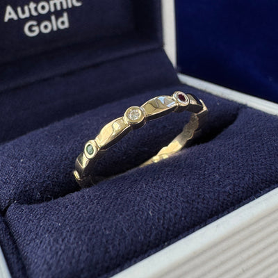 14k Yellow Gold and 9pc Lab Ruby, Lab Emerald, Moissanite Bezel set on Custom Wedding Band, Size 6