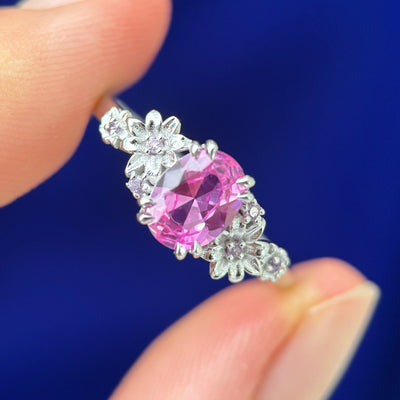 14k White Gold & 8x6mm Oval Pink Lab Sapphire with Lab Diamond Cluster and Hyacinth Flowers Custom Ring, size 9.5