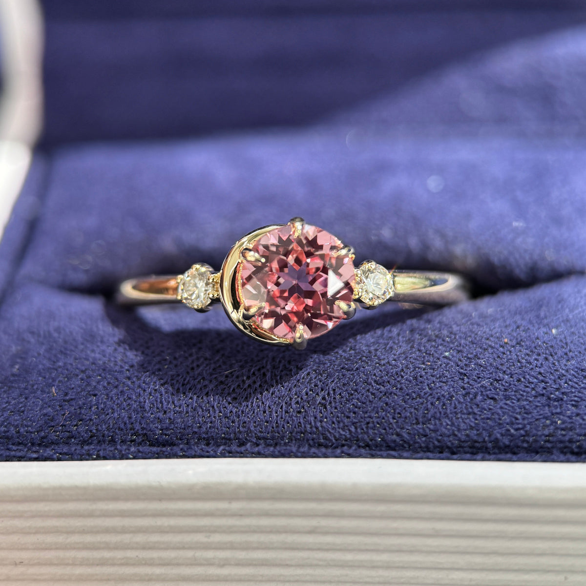 14k Yellow Gold 7mm Round Peach Lab Sapphire w/ Moon and 2.5mm Round Lab Diamonds Custom Ring