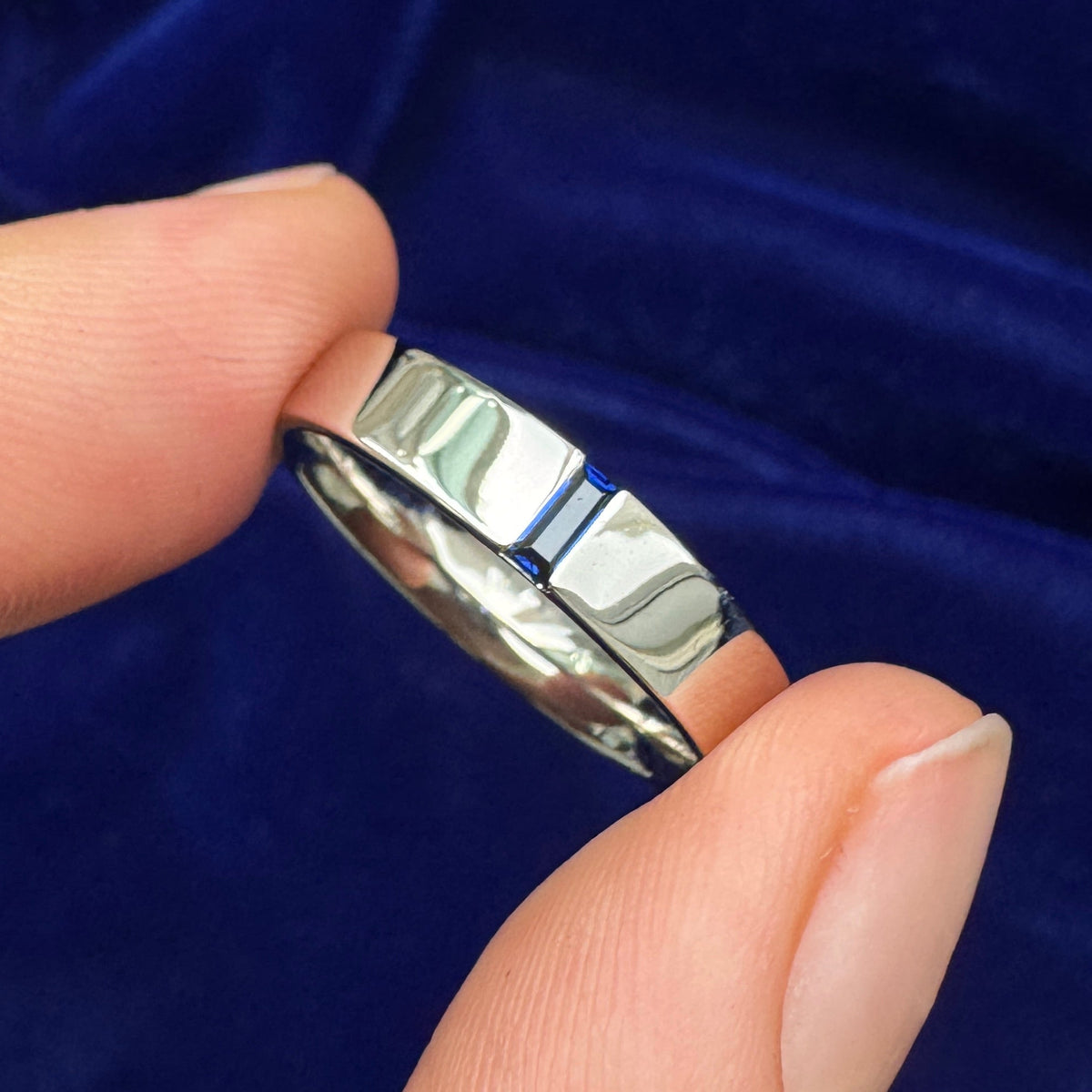 14k Champange Gold & 2x4mm Lab Sapphire Suspention set on 4mm Matte Industrial Band Custom Ring, size 8.25