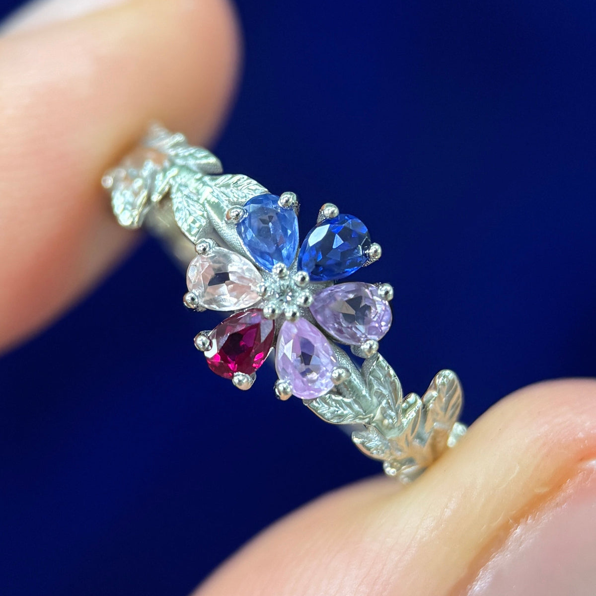14k Champagne Gold & 3pc Pear Pink Lab Sapphires & 3pc Pear beige-pink Lab Sapphires & Round Lab Diamond on Leaves Band Custom Ring, size 7