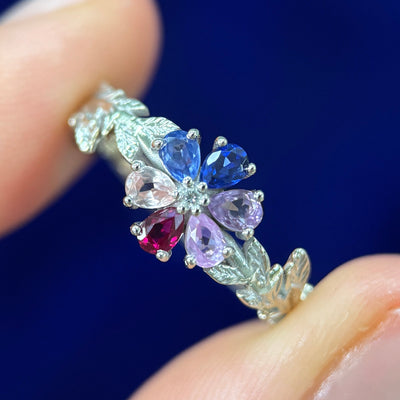 14k Champagne Gold & 3pc Pear Pink Lab Sapphires & 3pc Pear beige-pink Lab Sapphires & Round Lab Diamond on Leaves Band Custom Ring, size 7