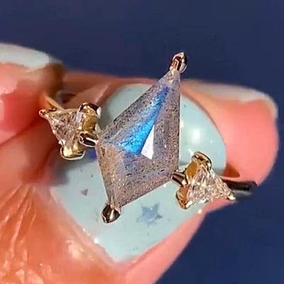14k Yellow Gold Prongs Set Kite Labradorite and Triangle Diamonds on Thin Tapered Band Custom Ring