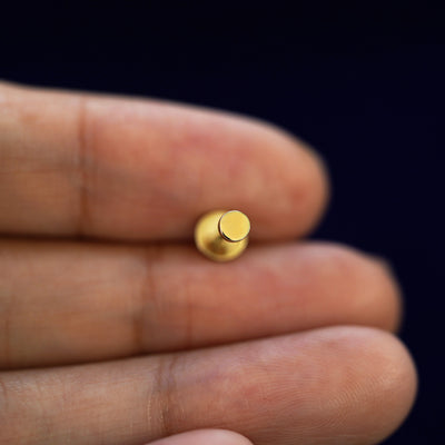 A solid yellow gold Large Circle Flatback Piercing laying facedown on a model's finger to show the end of the flat back