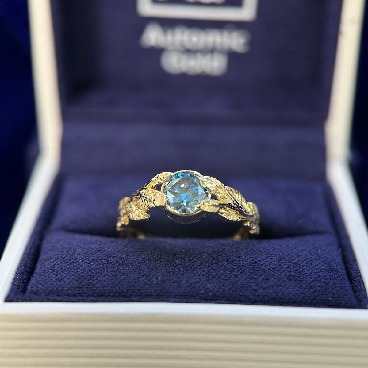 14k Yellow Gold 6mm Round Blue Moissanite Double Leaves Custom Ring