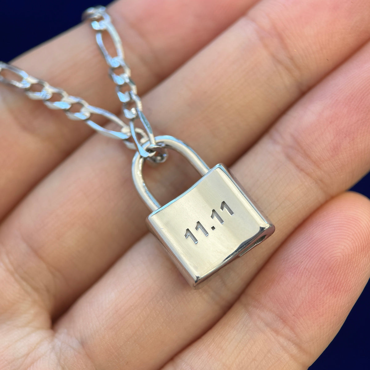 14k White Gold 11.11 Engraved Opening Working Lock Custom Pendant on 3mm 20inch Figaro Chain