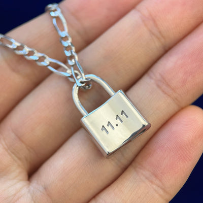 14k White Gold 11.11 Engraved Opening Working Lock Custom Pendant on 3mm 20inch Figaro Chain