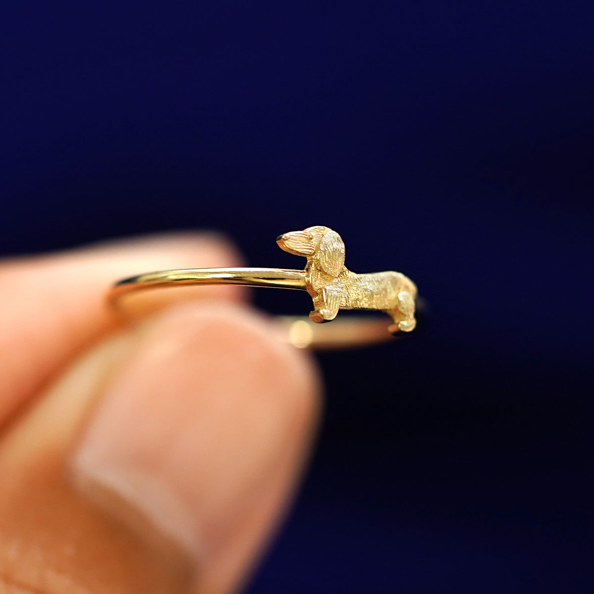 A model holding a Dog Ring tilted to show the side of the ring