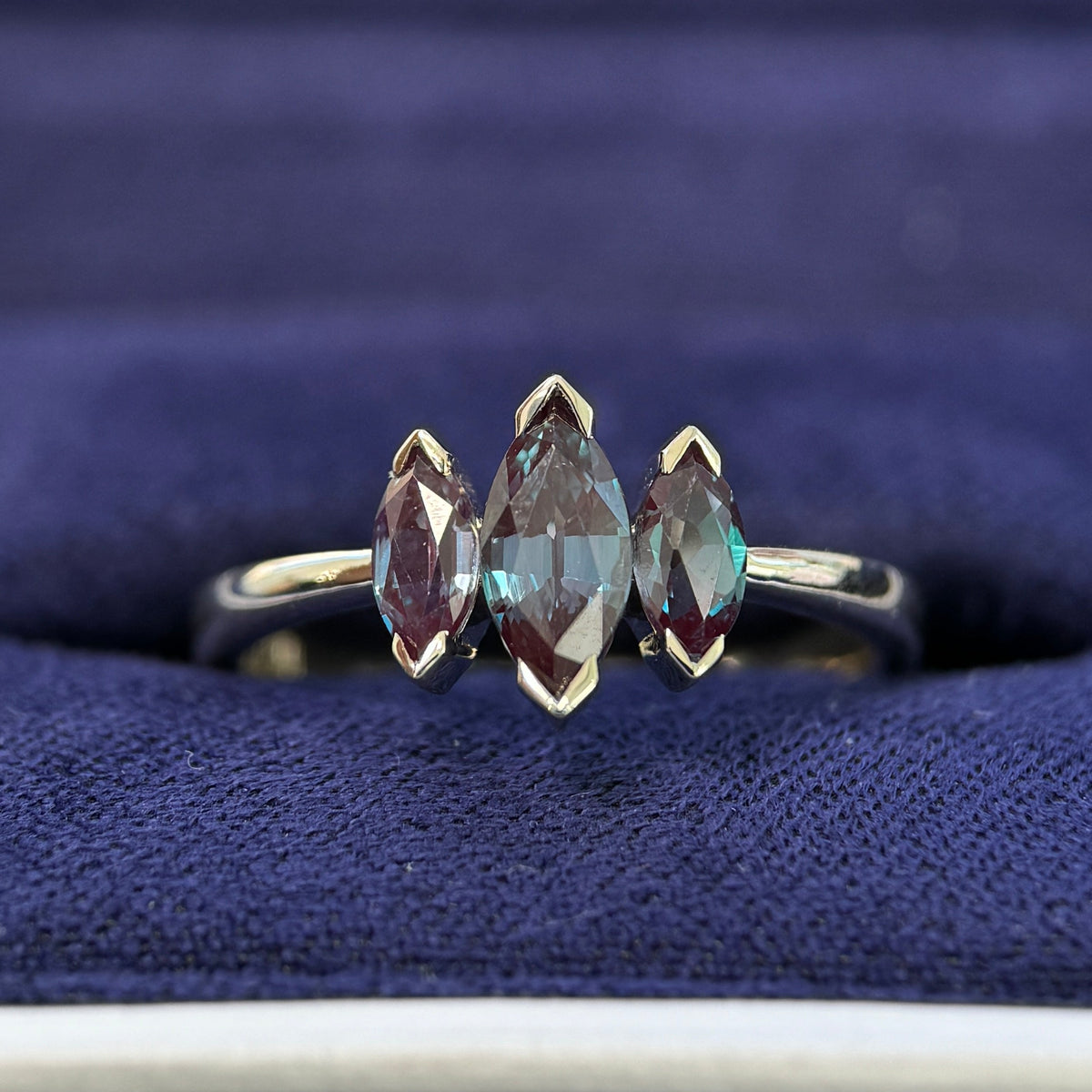 14K Champagne Gold 8x4mm, 6x3mm Marquise Lab Alexandrites Custom 3-stone Ring