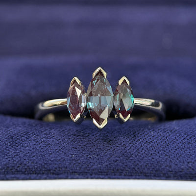 14K Champagne Gold 8x4mm, 6x3mm Marquise Lab Alexandrites Custom 3-stone Ring
