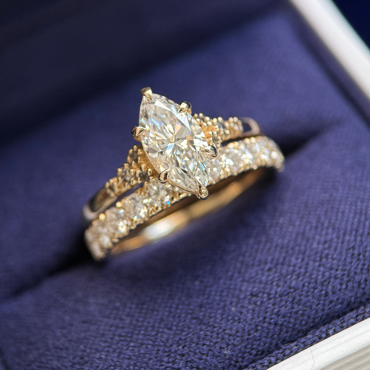 14k Yellow Gold and 6-claw-prongs 1.05ct E VVS Marquise Lab Diamond with Cluster of 1.3mm Salt-and-pepper Diamonds Custom Ring and 14k Yellow Gold 2.5mm Round Lab Diamonds half around the band Custom Ring, Both in size 6