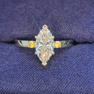 14k Yellow Gold with Low-set 1ct Marquise Lab Diamond with 2 Yellow orange Sapphire Custom Band Ring, size 5.5