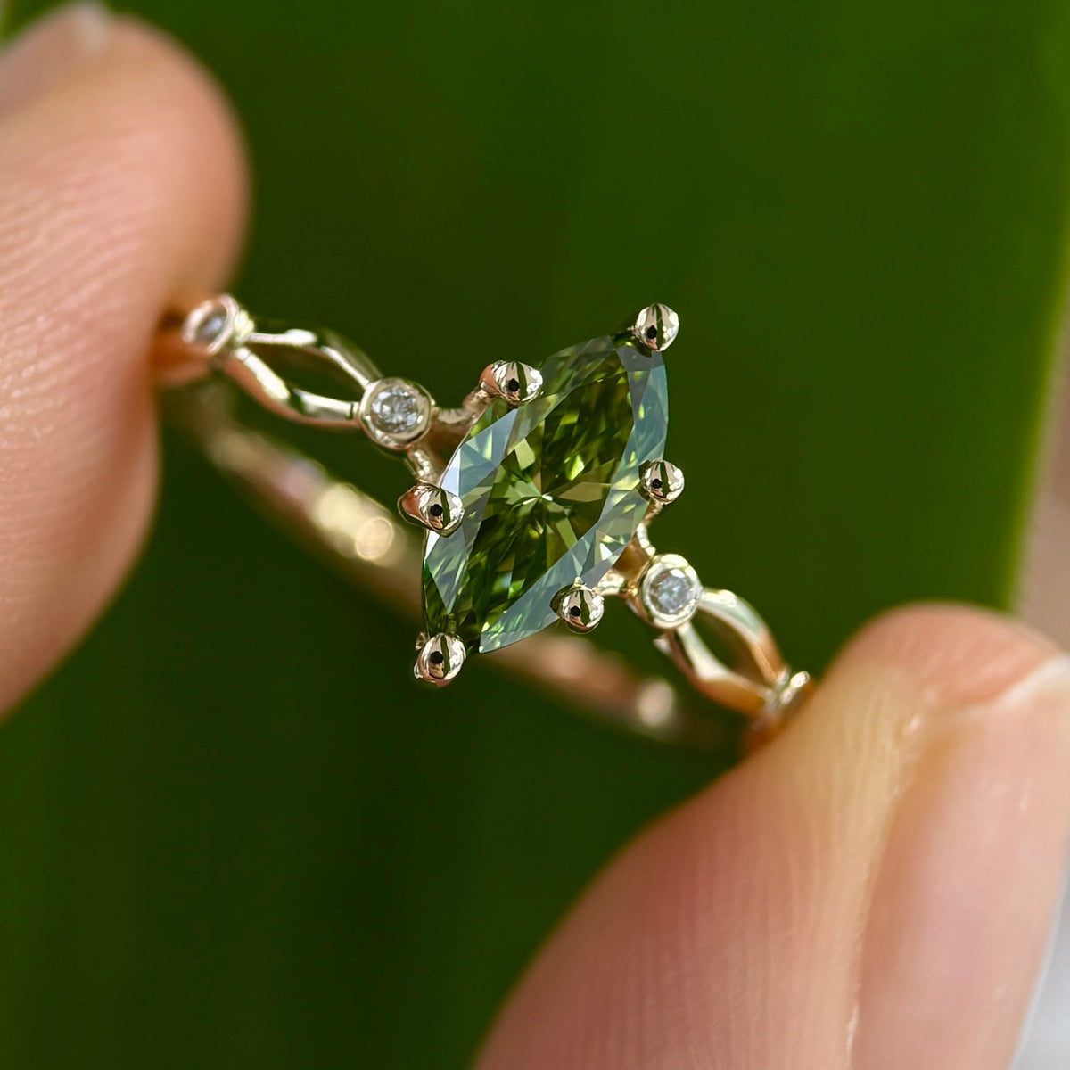 14k Yellow Gold V-prongs-set 1ct Marquise Light Green Lab Diamond with two 1.2mm Lab Diamonds Custom Engagement Ring, size 7.25