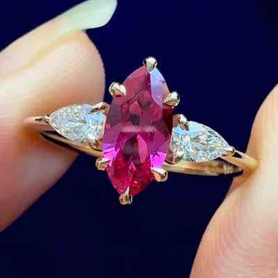 14k Yellow Gold Claw Prongs Set 1ct Marquise Lab Ruby with Pear Lab Diamonds Custom Three Stone Ring