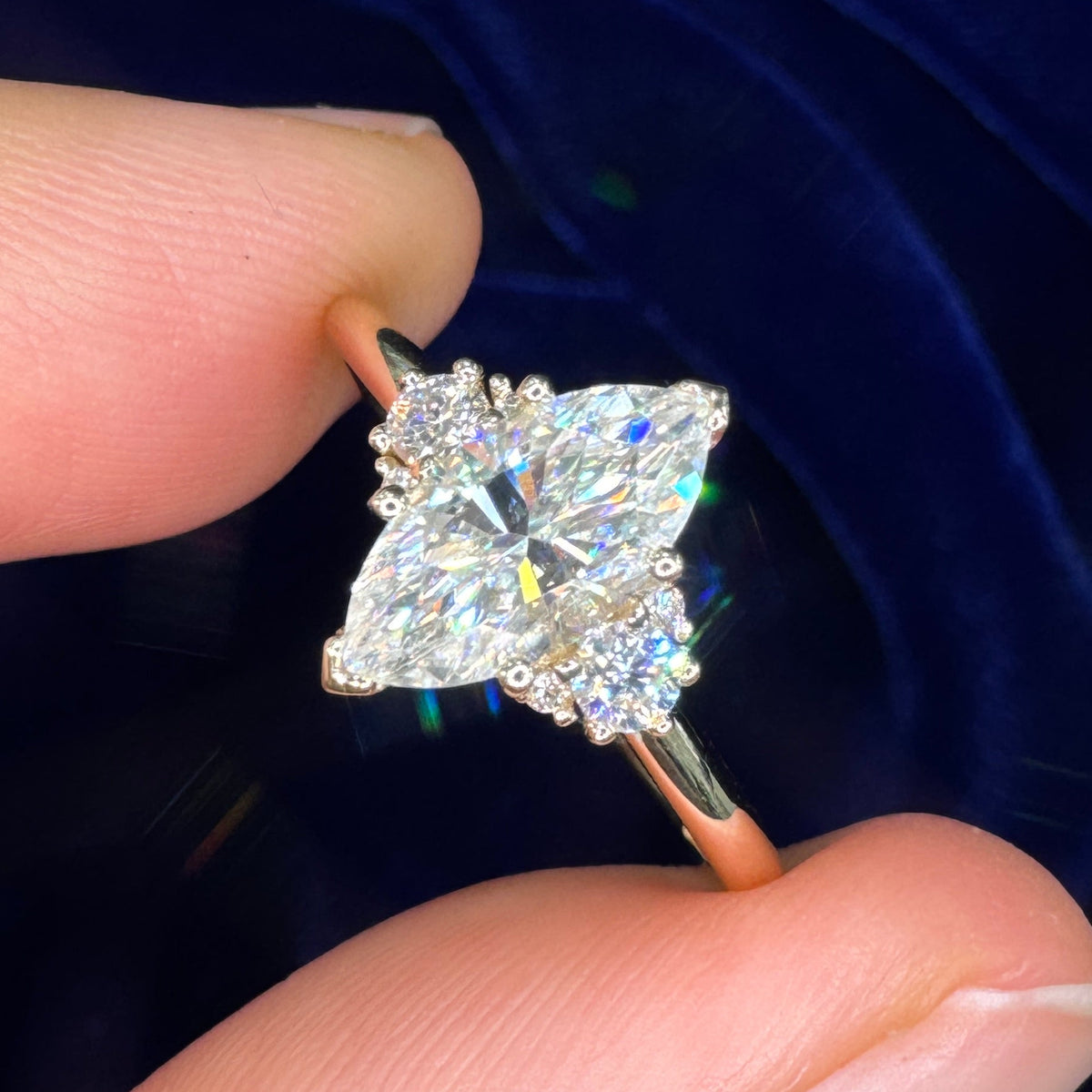 14k Yellow Gold Tulip-Petal-Prongs-set on 10x5mm Marquise Moissanite with 2pc 3mm Round Moissanites on Milgrain-Bezel-set Custom Ring, size 6.75
