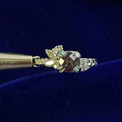 14k White Gold 6mm Lab Created Alexandrite with Salt-and-Pepper Diamonds Cluster on Braided Band Custom Ring