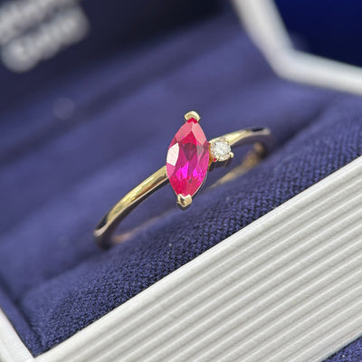 14k Yellow Gold Prongs-set Customers Marquise Ruby and Our 2mm Lab Diamond on Thin Band Custom Ring, size 7