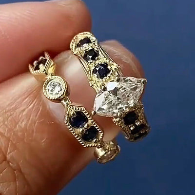 14k Yellow Gold 0.77ct Marquise Diamond and Customers Sapphires Custom Antique Vintage Inspired Rings Set