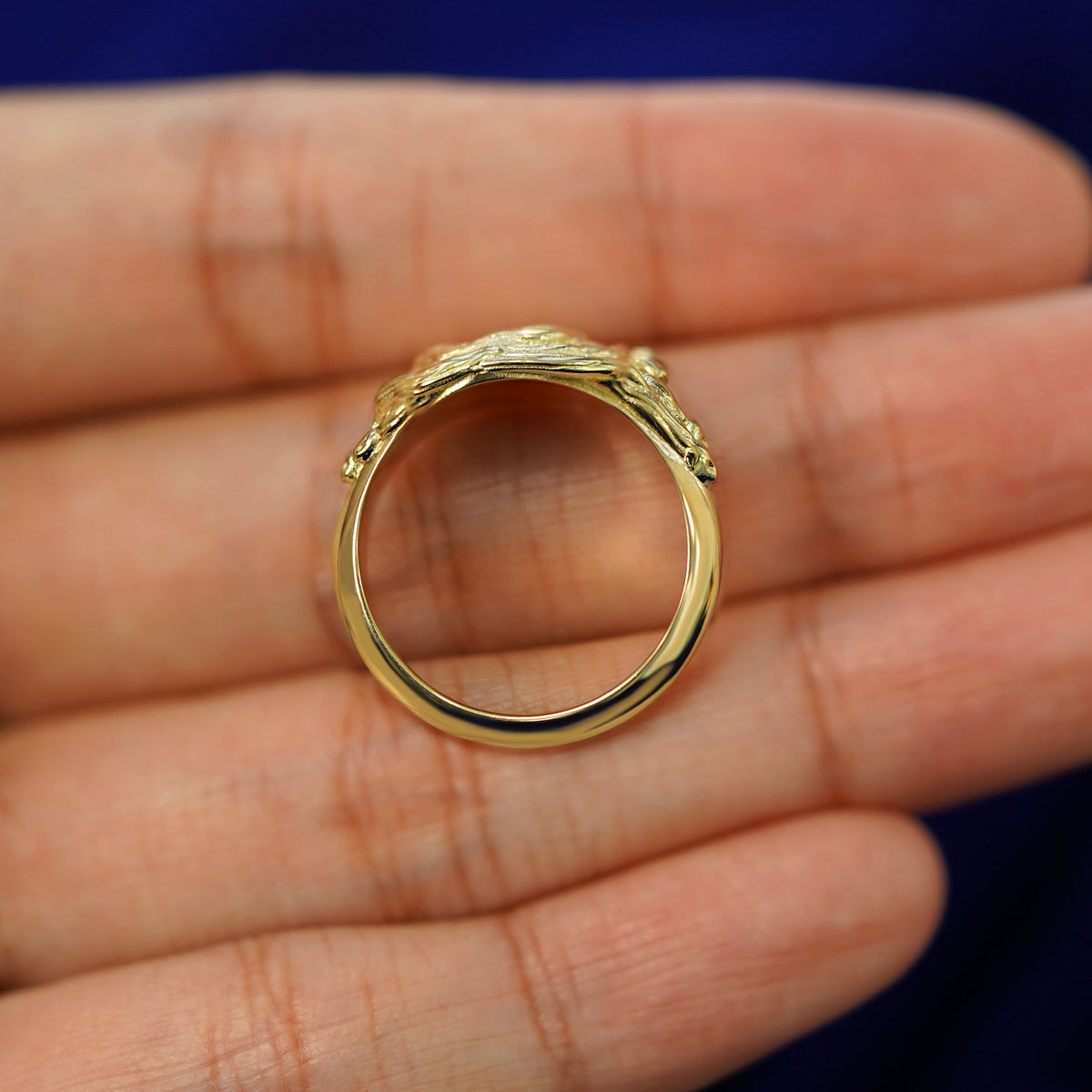 A yellow gold Medusa Ring in a model's hand showing the thickness of the band