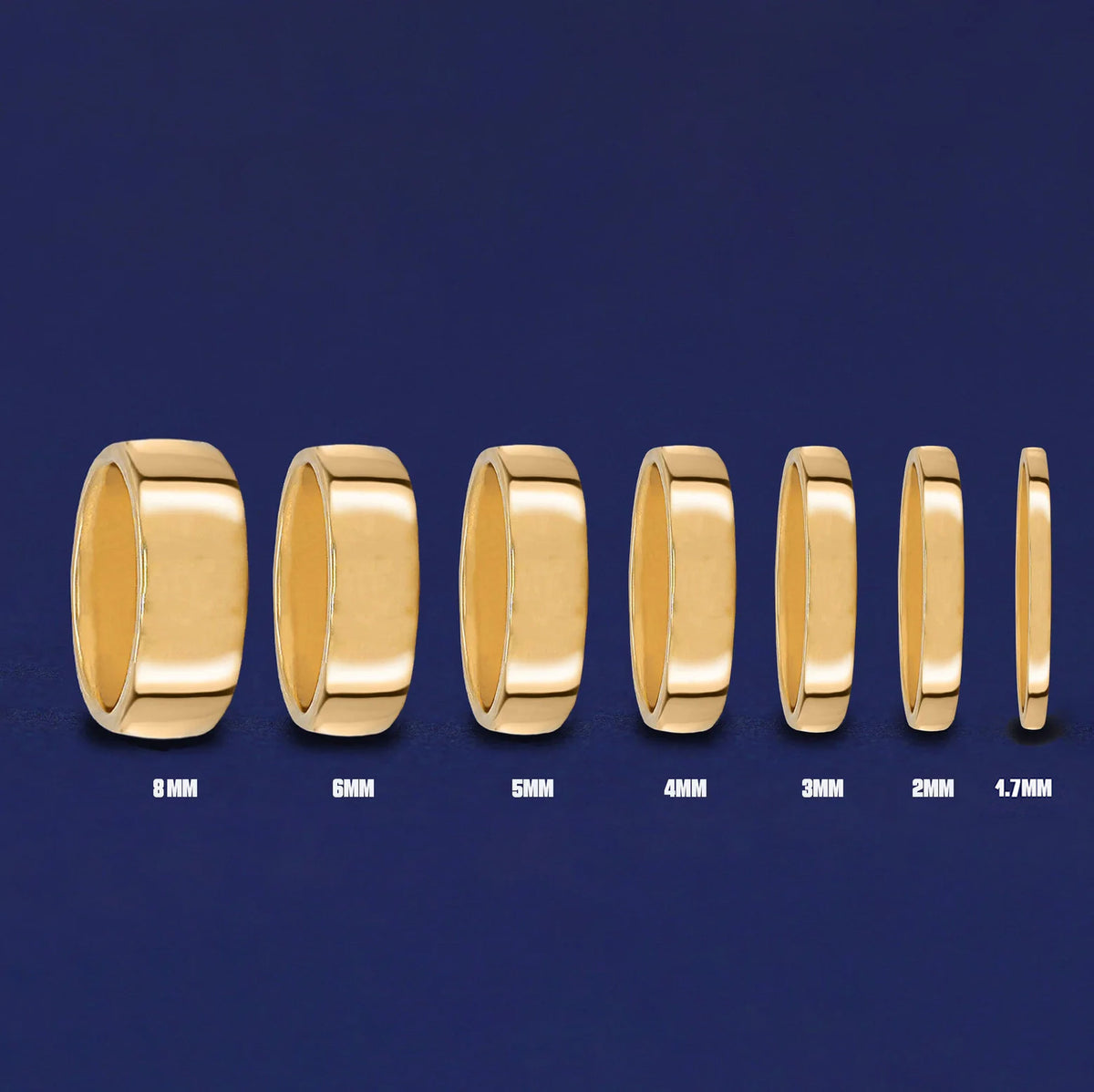 Seven versions of the Mix Mirror Band showing the different thickness options of the ring from 8mm to 1.7mm