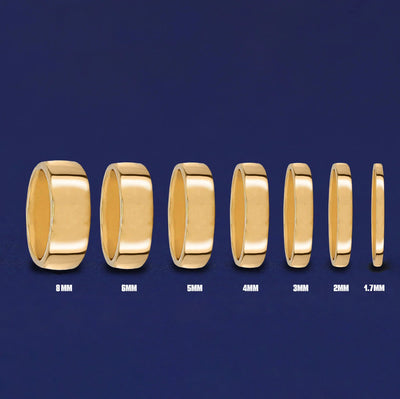 Seven versions of the Mix Mirror Band showing the different thickness options of the ring from 8mm to 1.7mm