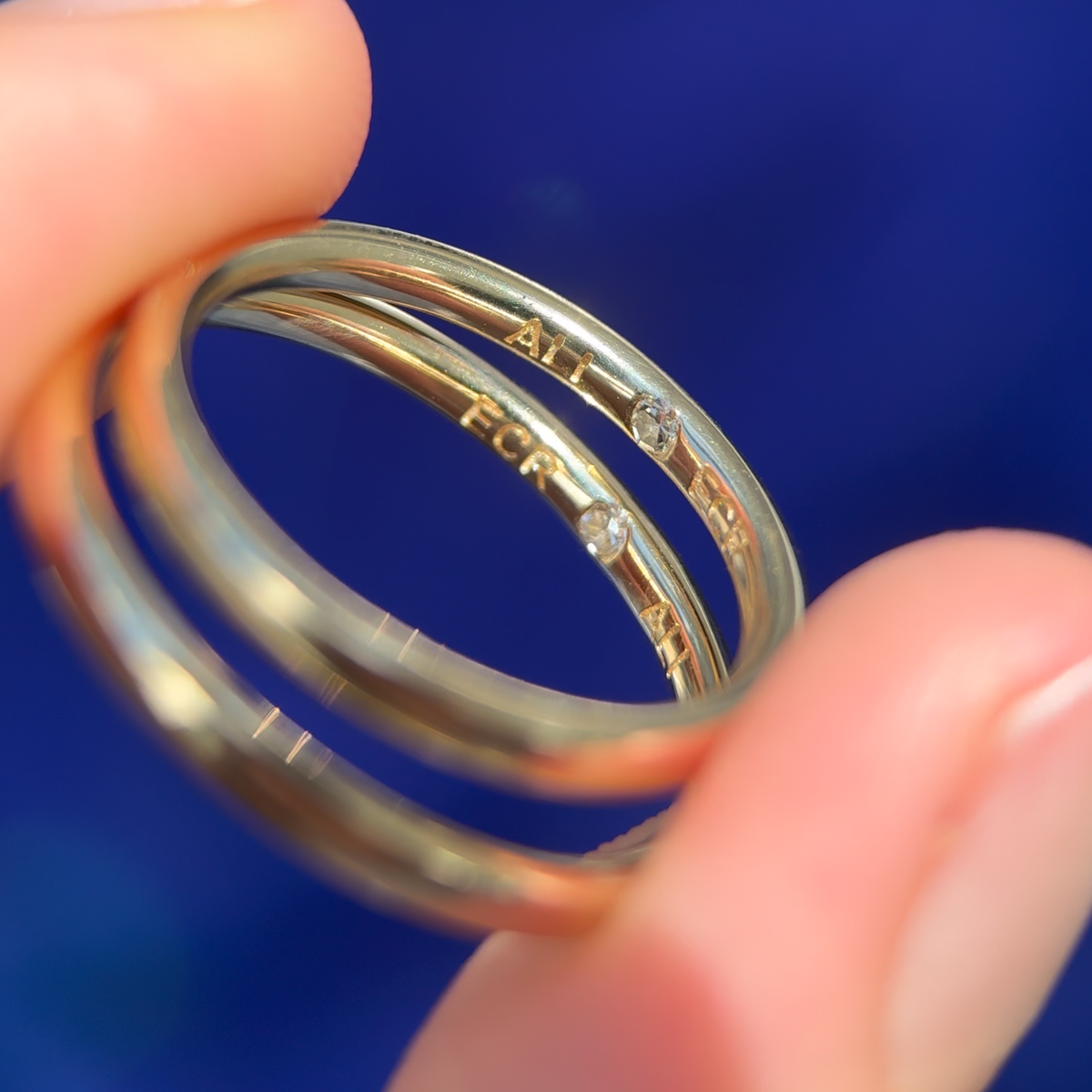14k Yellow Gold 2mm Mix Mirror Band, with customer's diamond set inside and engraving  size 7 and size 9.75