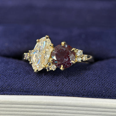 18k Yellow Gold Claw-Prongs-set 7mm Round Lab Alexandrite & Custom-grown 10x5mm Oval Moissanite w/ Alexandrites & Moissanites Cluster Custom Moi et Toi Ring