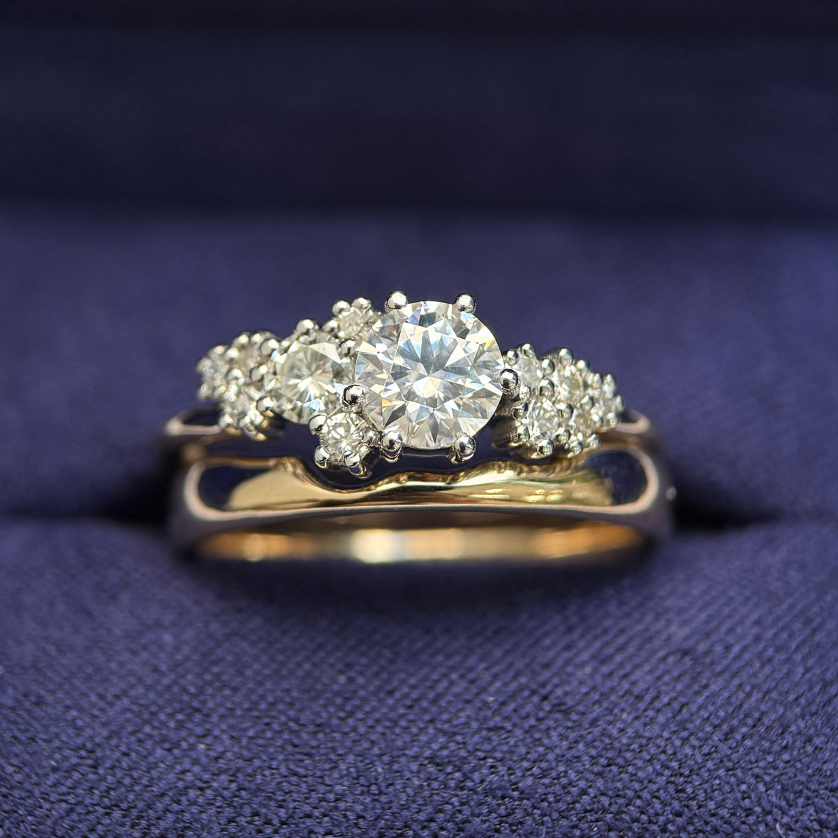 950 Platinum Prongs-set and 14k Yellow Gold 6mm Round Moissanite with Customer's Round Diamonds Cluster Custom Ring, 3.5 grams and Matching 1.7mm Band, size 9