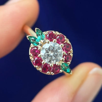 14k Yellow Gold and 5.5mm Round Moissanite with 5x2.5mm Marquise and Round Lab Rubies Custom Ring, 5 gram, size 6