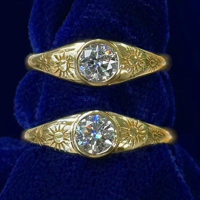 14k Yellow Gold 4.5mm Round Moissanites on Tapered Band Engraved with Sun Custom Matching Rings
