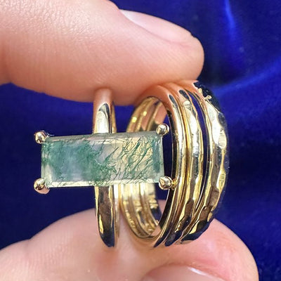 14k Yellow Gold 1ct Baguette Cut Moss Agate 2mm Mirror Band with Stacking Bands Custom Rings